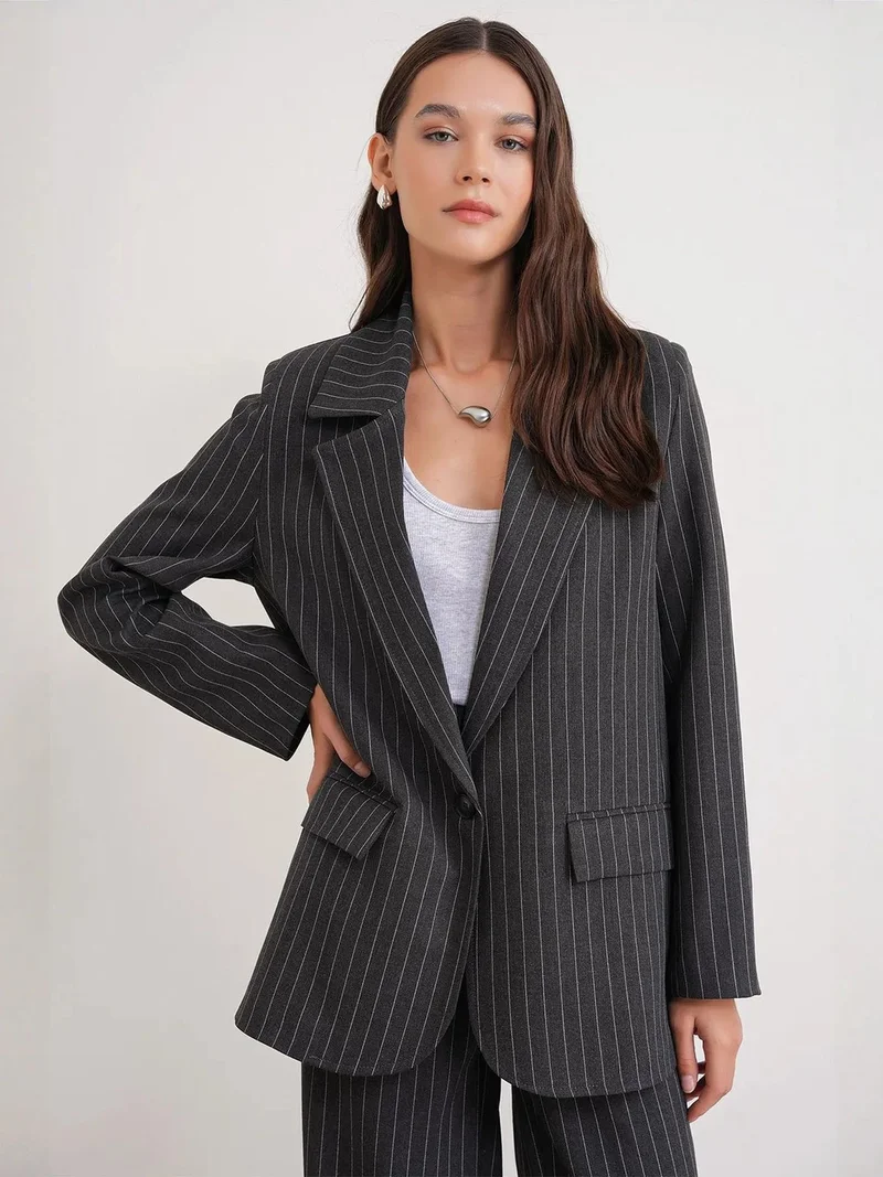 MixRay Charcoal Grey MIXRAY Striped Oversize Blazer for Women | Best Price UAE